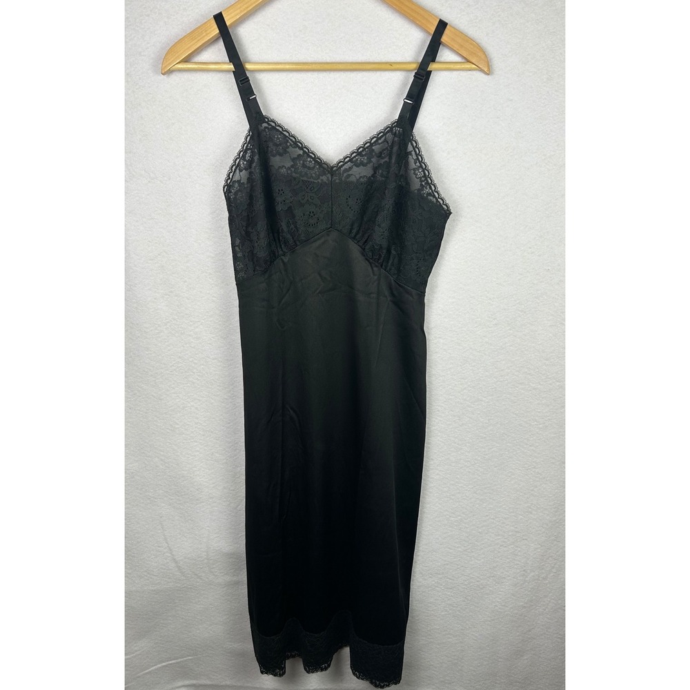 VTG Sans Souci Full Slip Women 34T(tall) Black Lace Trim Adjustable Straps Nylon